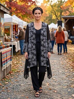 Citron Santa Monica Sheer Black Floral Silk Blend Duster Kimono Top Size 1X